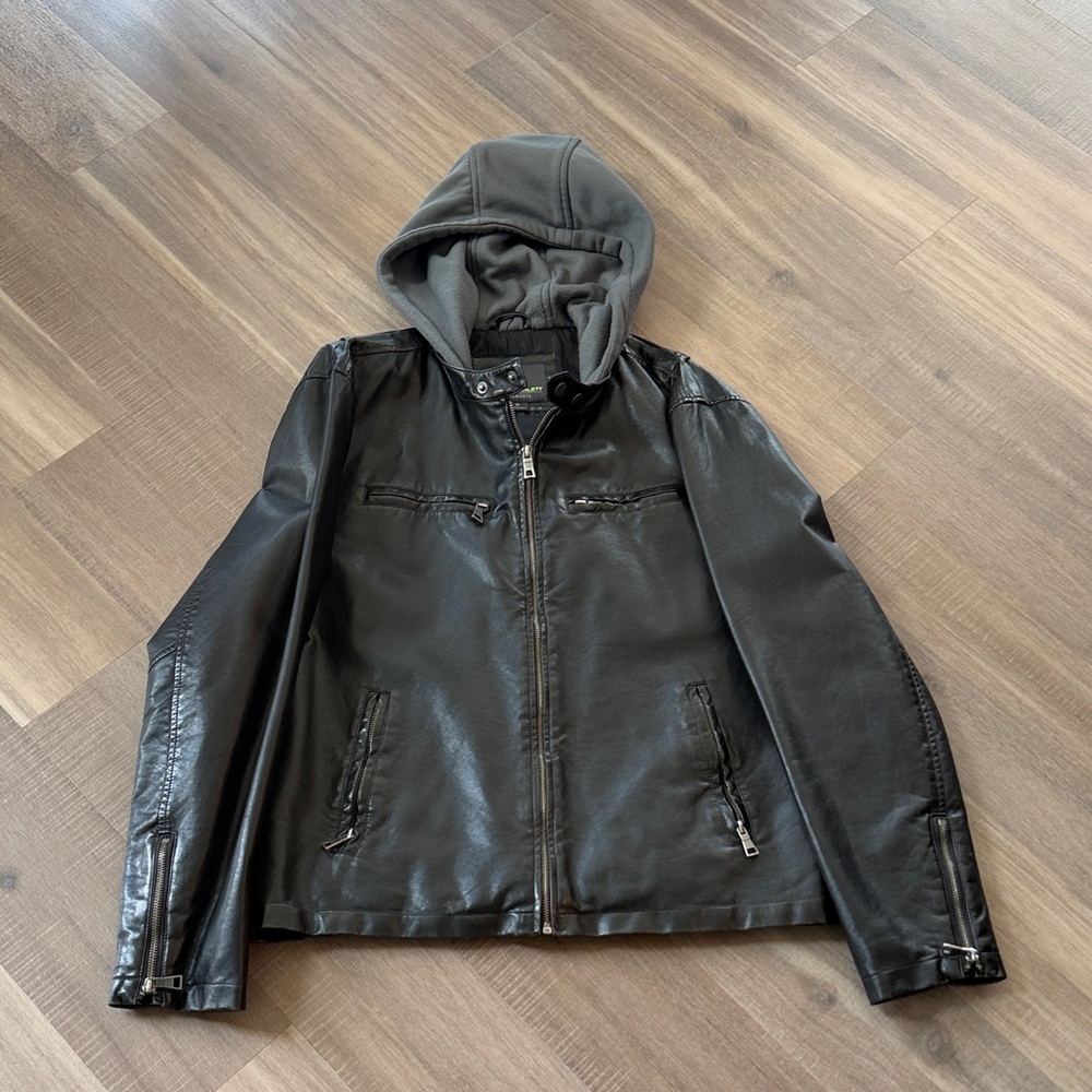 Men's Black Faux Leather Bomber Jacket with Gray Hood